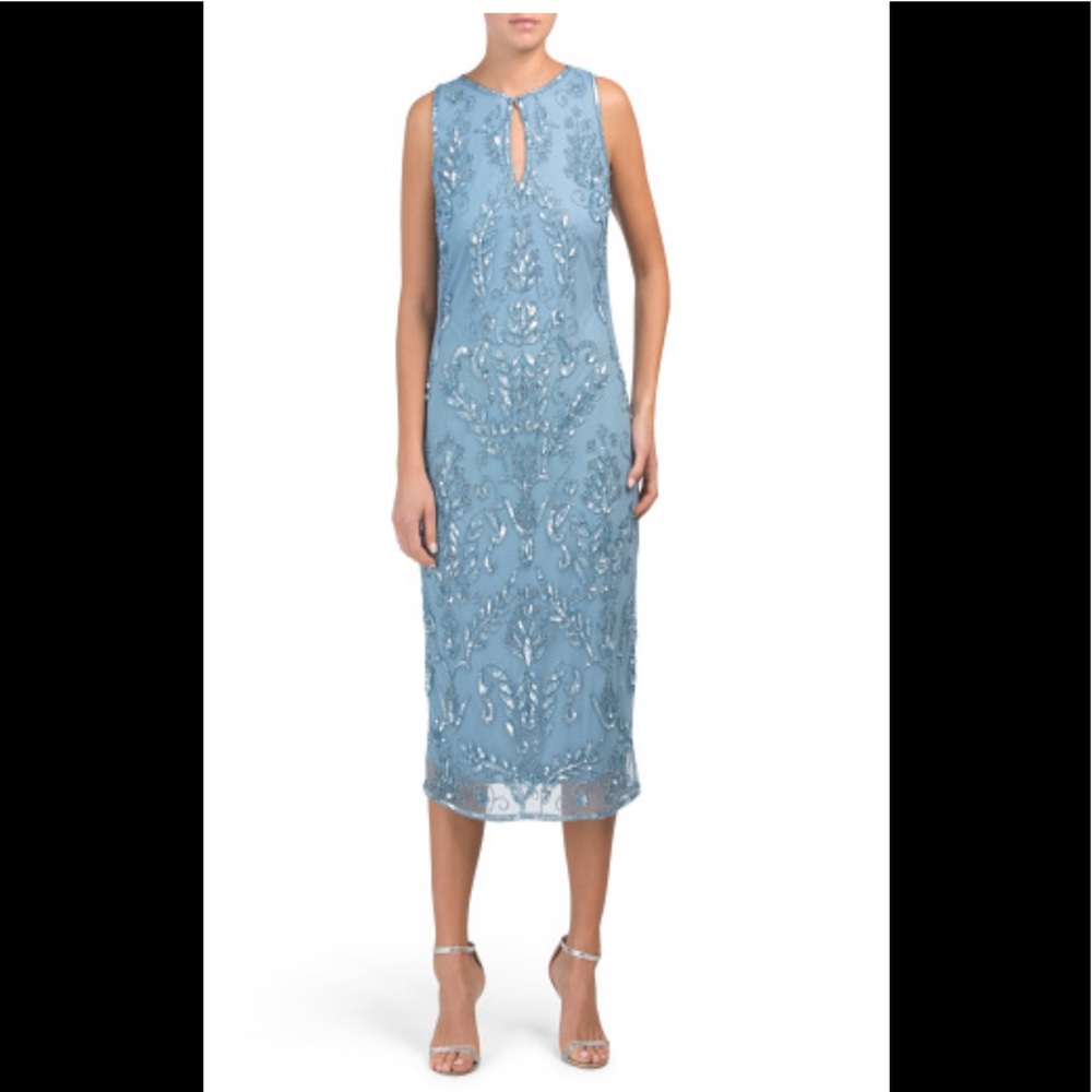 NWT! Pisarro  Nights Blue Beaded and Sequined Midi Dress size 8
